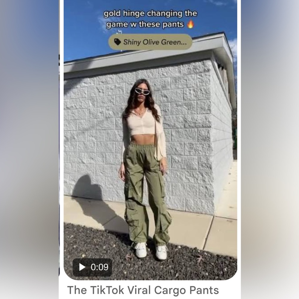Gold Hinge, Shiny Olive Green Viral TikTok Cargo Parachute Pants, Size Small